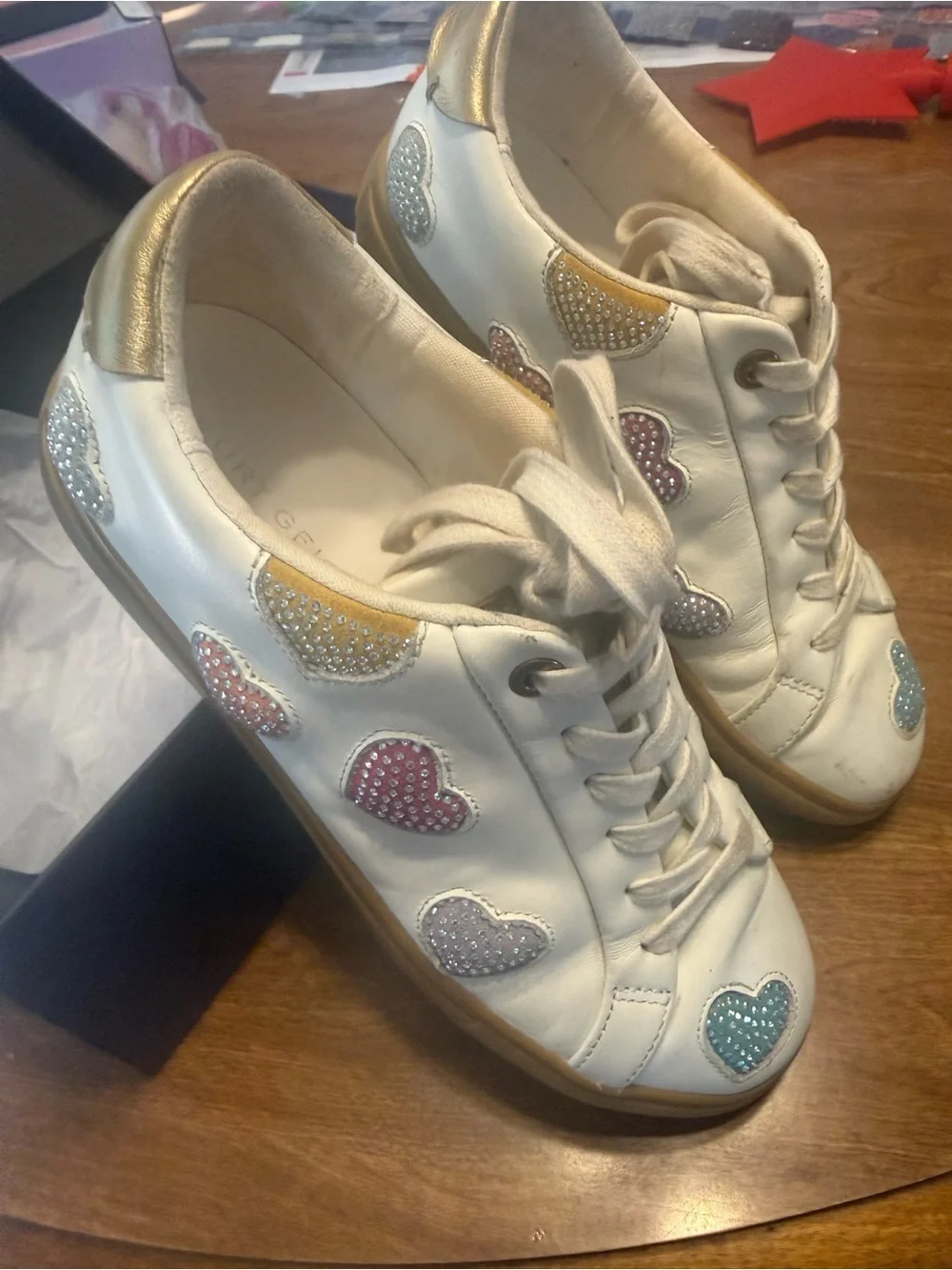 Kurt Geiger White Leather Sneakers with Pink, Gold & Silver Crystal Hearts